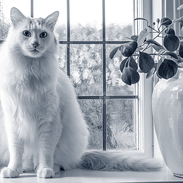 Een kat die voor een raam zit.