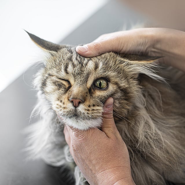 Een persoon die een kat aait.