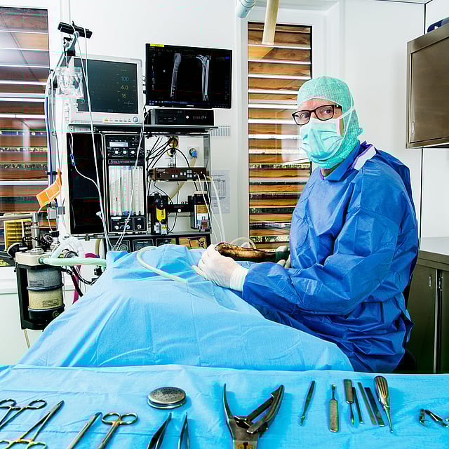 Een persoon in een chirurgisch uniform zittend op een tafel.
