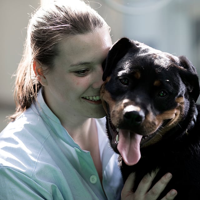 Een persoon die een hond vasthoudt.