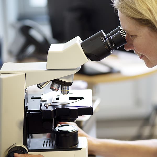 Een persoon die door een microscoop kijkt.