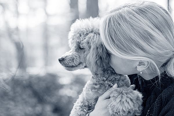 Een persoon die een hond vasthoudt.