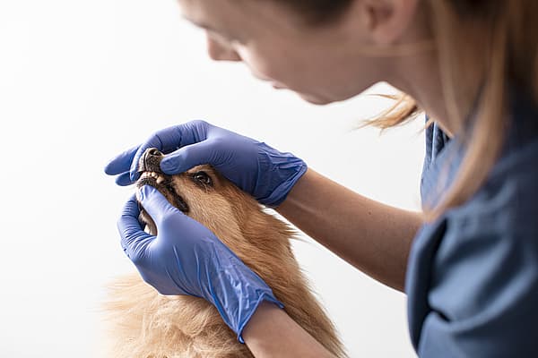 Een persoon met blauwe handschoenen die de bek van een hond vasthoudt.