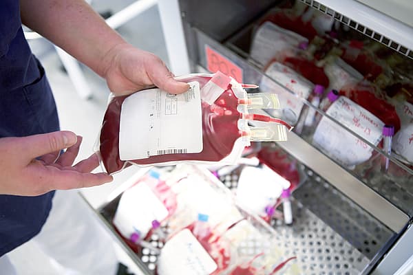 Een persoon die een zak bloed vasthoudt.
