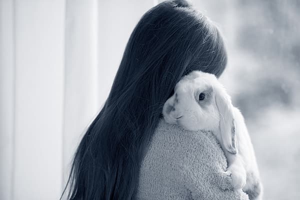 Een persoon die een konijn knuffelt.