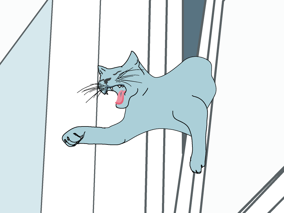 Een cartoon van een kat die uit een raam komt.