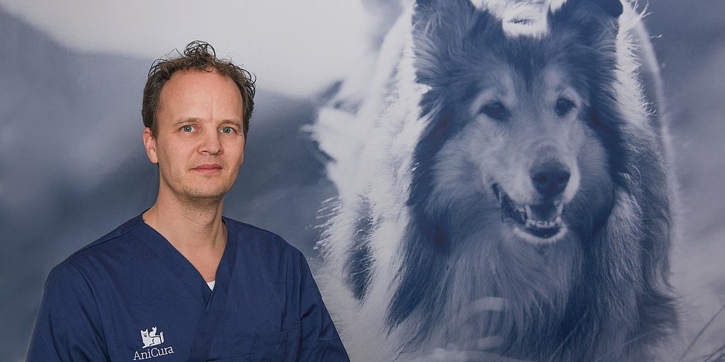 Een persoon in een blauw gewaad die naast een foto van een hond staat.