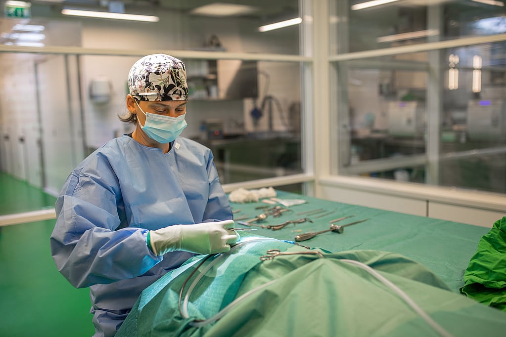 Een persoon in een operatiejas en masker.