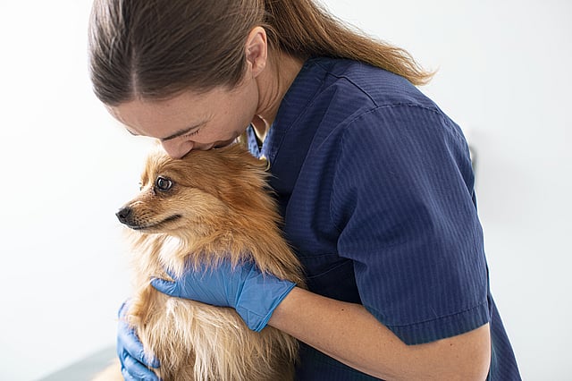 Een persoon in blauwe scrubs die een hond kussen.